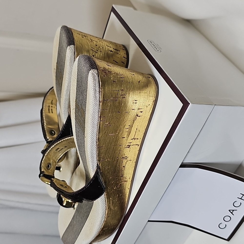 Coach Gold and Black Wedge Sandals - Picture 3 of 14
